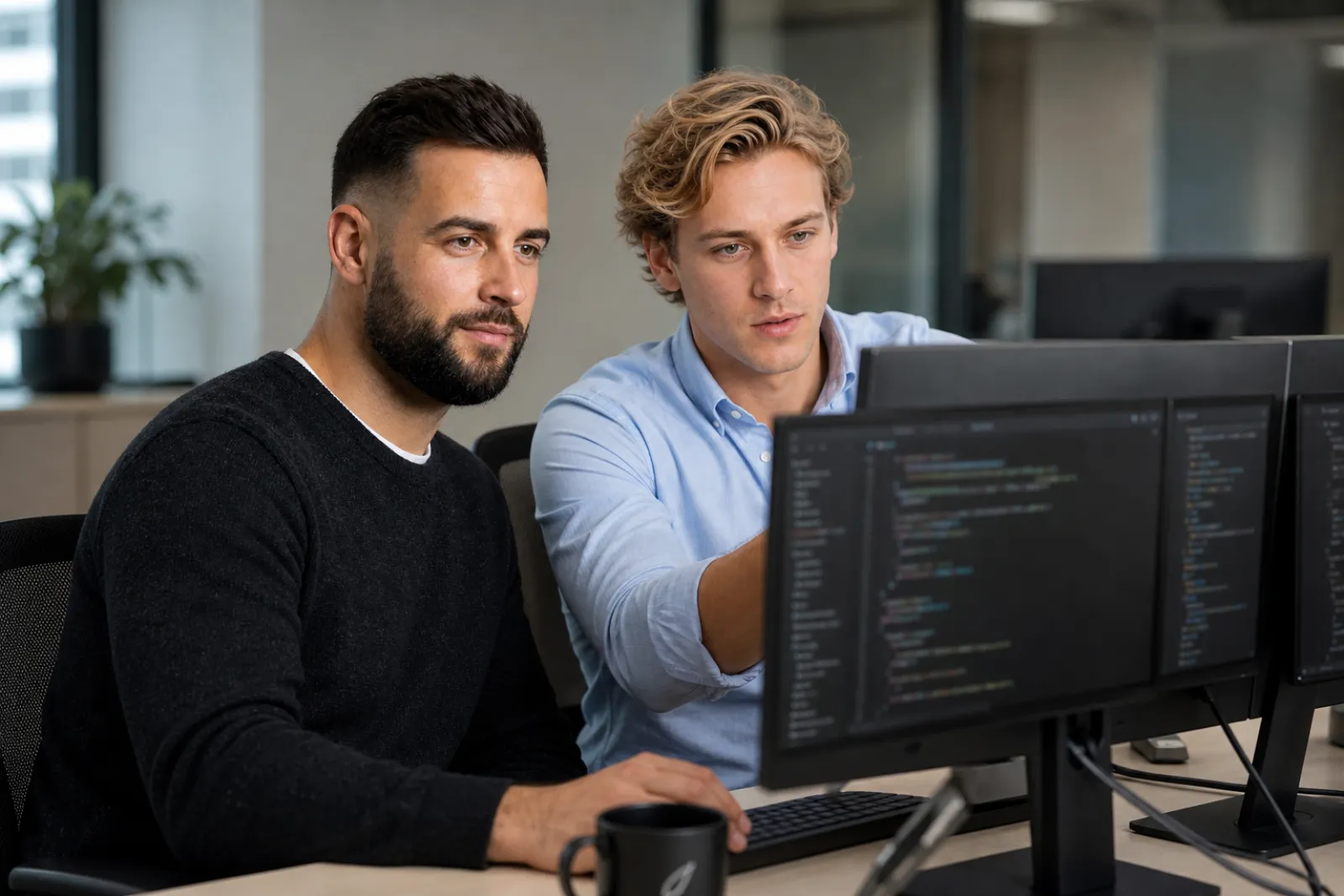 Zwei Softwareentwickler arbeiten an großen Monitoren im hellen Büro