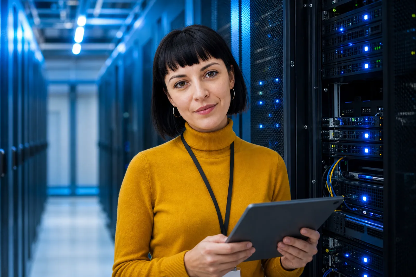 IT-Expertin prüft mit Tablet Server-Racks im Rechenzentrum